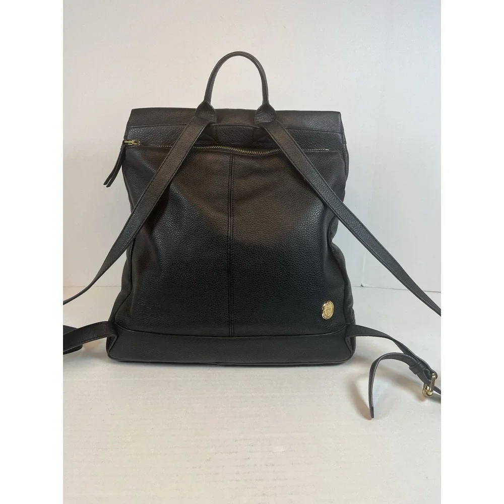 Vince Camuto Women's Madox Backpack Black Leather Metallic Gold Logo Travel Bag